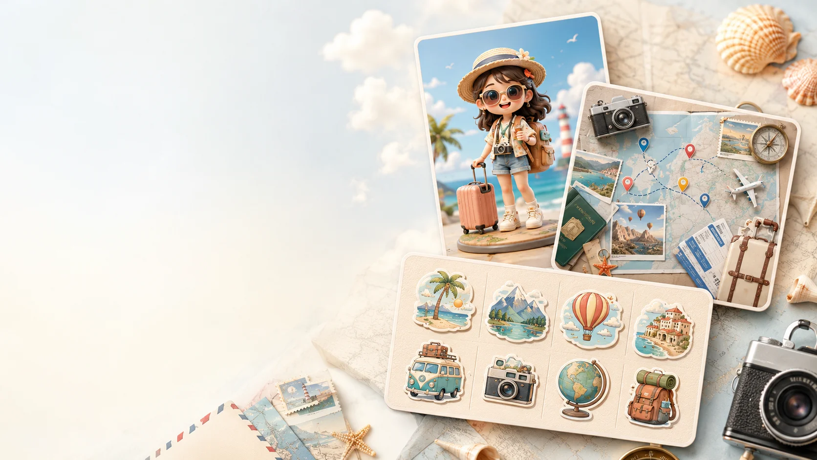 3D 公仔、旅遊規劃卡與旅行貼圖三種 AI 成果排成展示卡