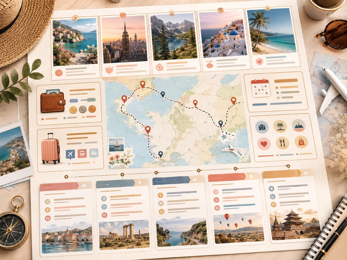 NotebookLM 旅遊研究報告成果，包含比較卡、地圖與檢查清單